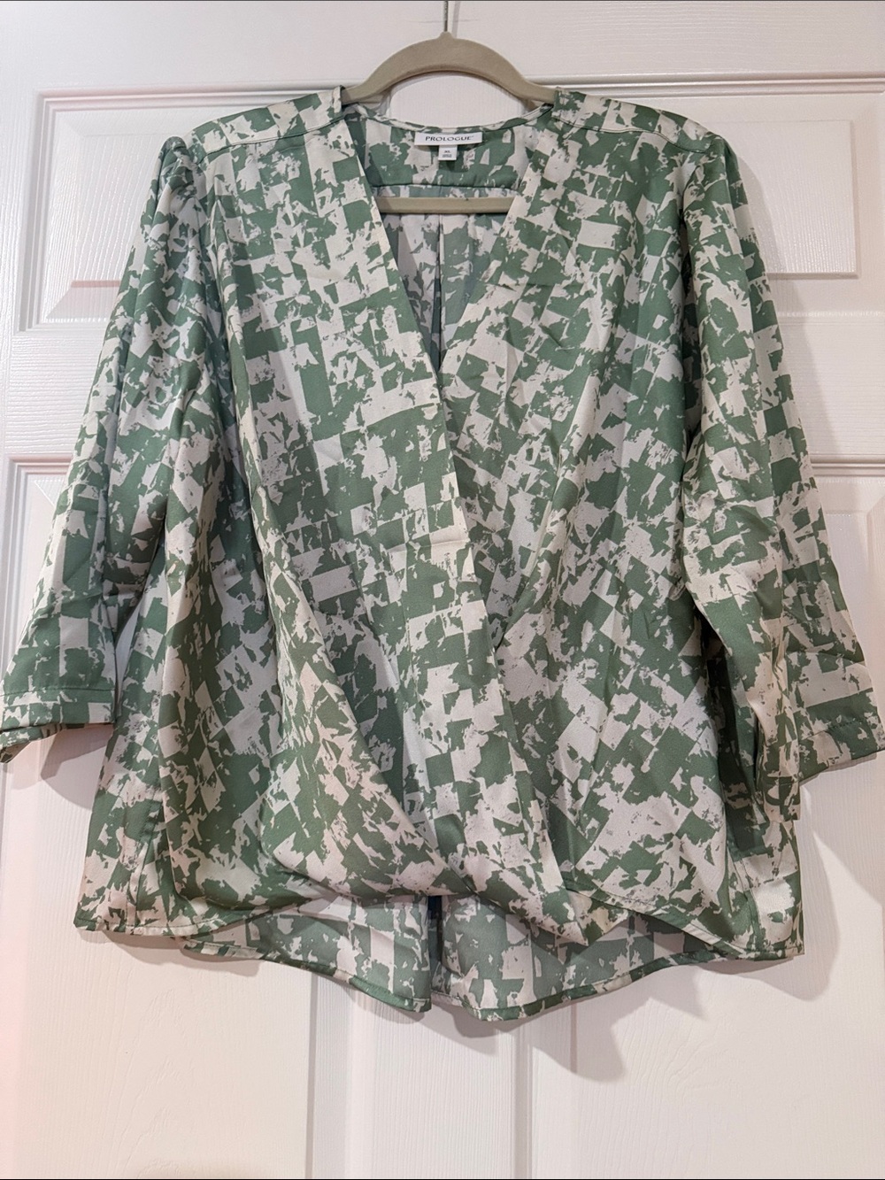 Prologue Sage and Cream Abstract Wrap Blouse
